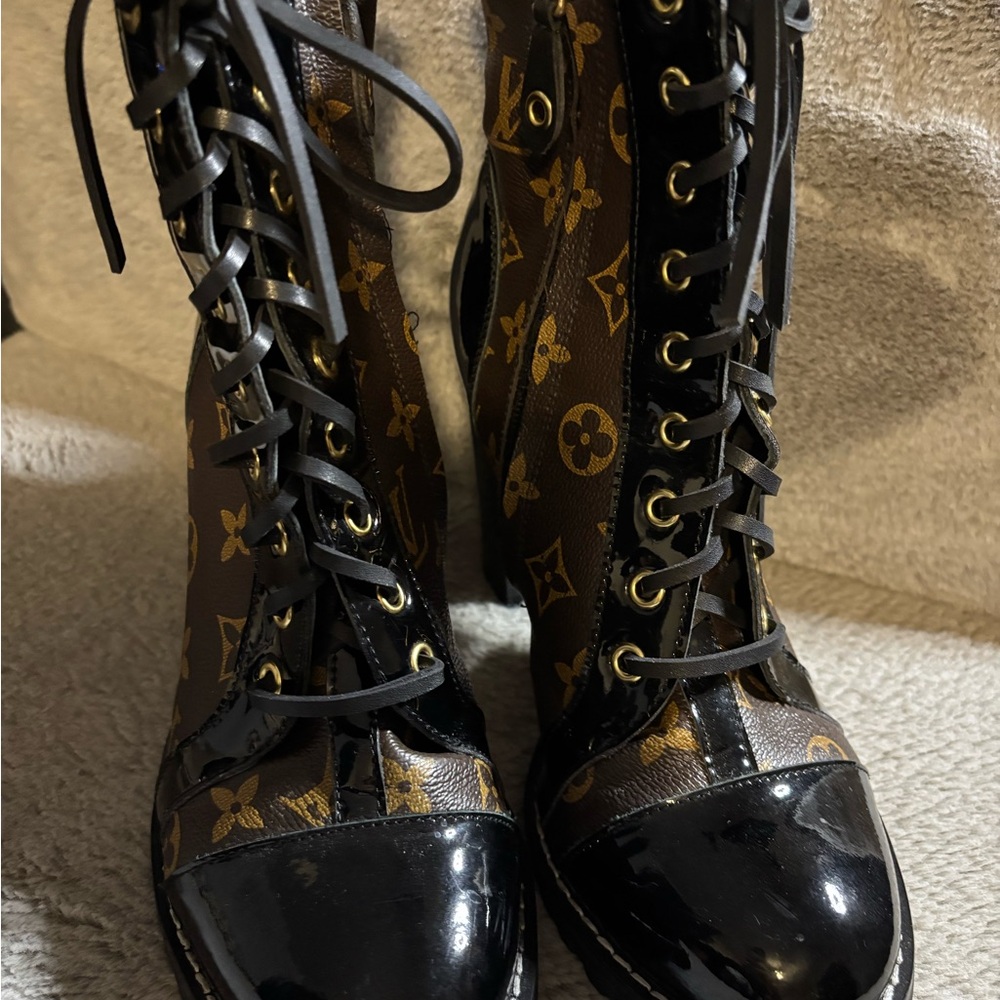 Louis Vuitton Black and Brown Lace-Up Monogram Boots